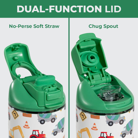 Ease2o 14oz | Leakproof 2-in-1 Kids Water Bottle, Straw & Chug Spout – Under Construction