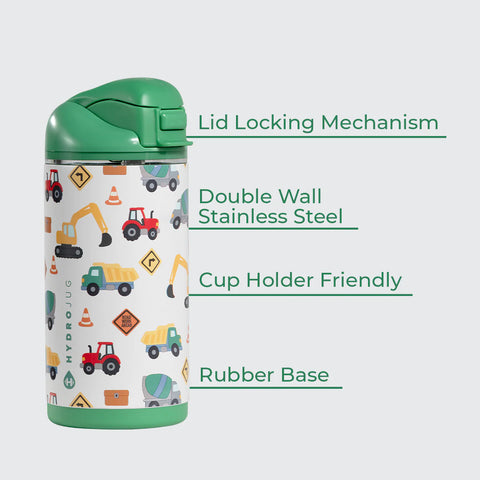 Ease2o 14oz | Leakproof 2-in-1 Kids Water Bottle, Straw & Chug Spout – Under Construction